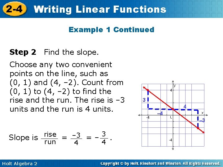 2 -4 Writing Linear Functions Example 1 Continued Step 2 Find the slope. Choose 2 -4 Writing Linear Functions Example 1 Continued Step 2 Find the slope. Choose