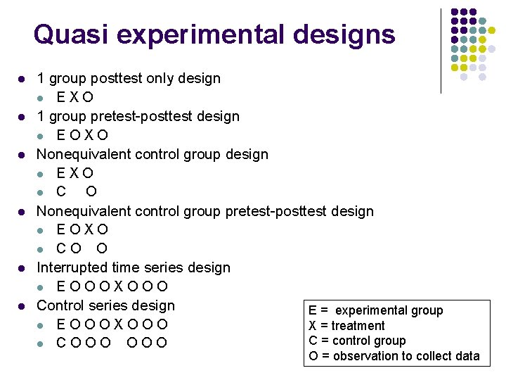 Quasi experimental designs l l l 1 group posttest only design l EXO 1