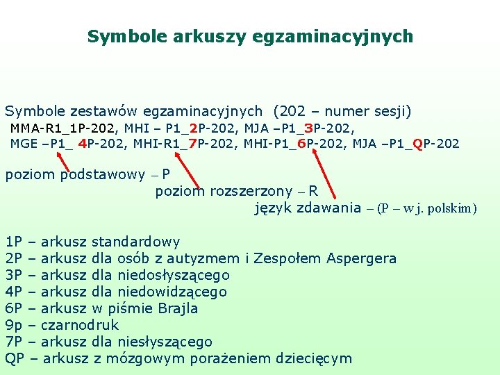 Symbole arkuszy egzaminacyjnych Symbole zestawów egzaminacyjnych (202 – numer sesji) MMA-R 1_1 P-202, MHI