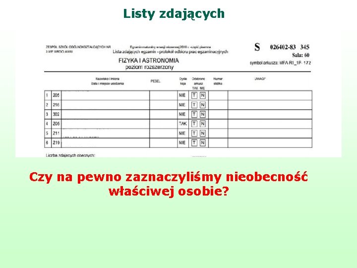 Listy zdających Czy na pewno zaznaczyliśmy nieobecność właściwej osobie? 