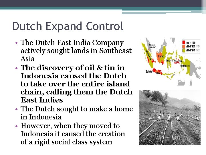 Dutch Expand Control • The Dutch East India Company actively sought lands in Southeast