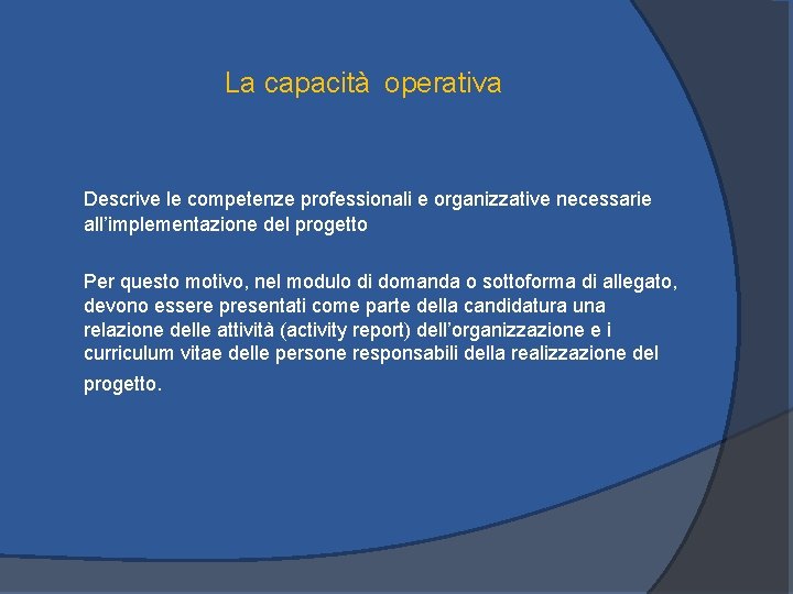 La capacità operativa Descrive le competenze professionali e organizzative necessarie all’implementazione del progetto Per