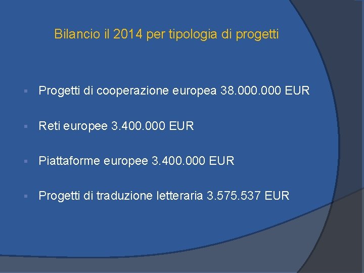 Bilancio il 2014 per tipologia di progetti § Progetti di cooperazione europea 38. 000