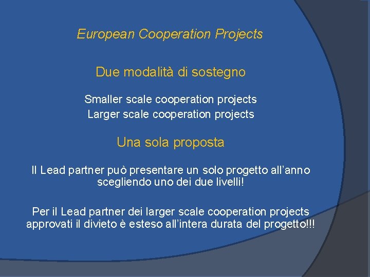 European Cooperation Projects Due modalità di sostegno Smaller scale cooperation projects Larger scale cooperation