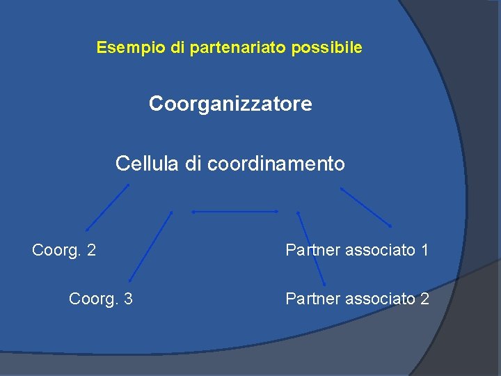 Esempio di partenariato possibile Coorganizzatore Cellula di coordinamento Coorg. 2 Coorg. 3 Partner associato