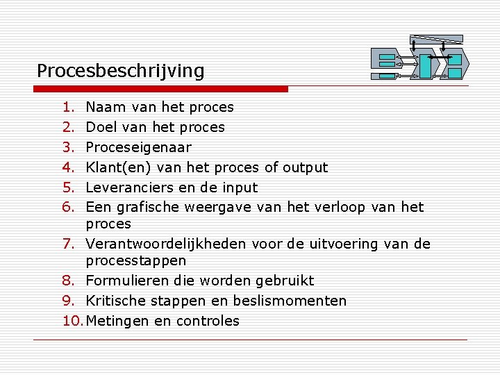 Procesbeschrijving 1. 2. 3. 4. 5. 6. Naam van het proces Doel van het