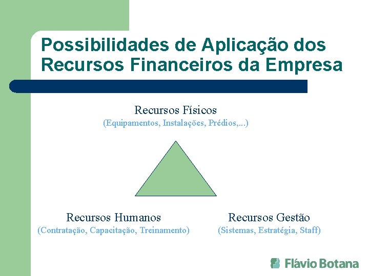 Possibilidades de Aplicação dos Recursos Financeiros da Empresa Recursos Físicos (Equipamentos, Instalações, Prédios, .