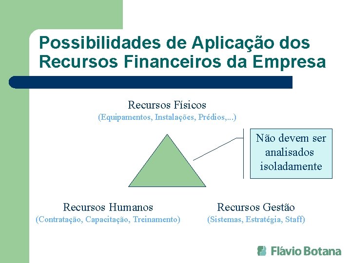Possibilidades de Aplicação dos Recursos Financeiros da Empresa Recursos Físicos (Equipamentos, Instalações, Prédios, .