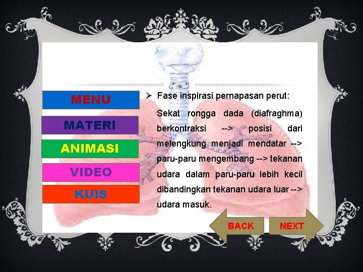 MENU MATERI Ø Fase inspirasi pernapasan perut: Sekat rongga dada (diafraghma) berkontraksi --> posisi MENU MATERI Ø Fase inspirasi pernapasan perut: Sekat rongga dada (diafraghma) berkontraksi --> posisi