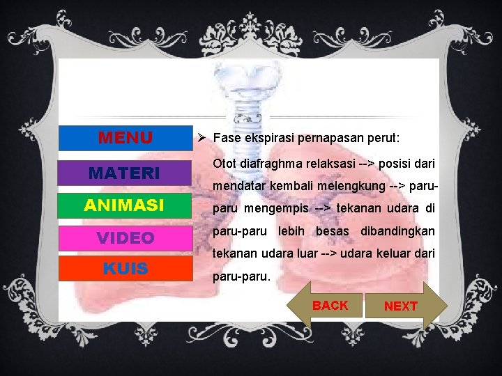 MENU MATERI ANIMASI VIDEO KUIS Ø Fase ekspirasi pernapasan perut: Otot diafraghma relaksasi -->