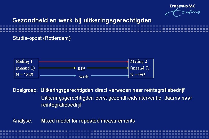 Gezondheid en werk bij uitkeringsgerechtigden Studie-opzet (Rotterdam) Meting 1 (maand 1) N = 1829