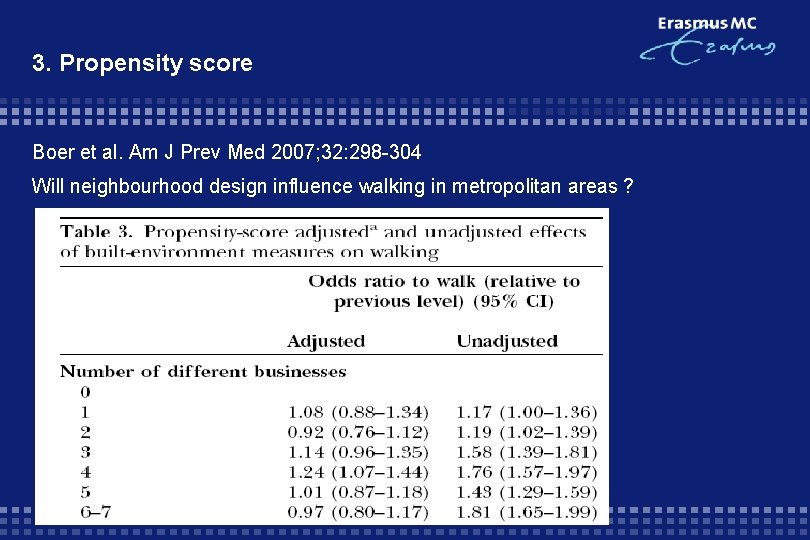 3. Propensity score Boer et al. Am J Prev Med 2007; 32: 298 -304