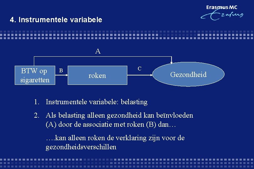 4. Instrumentele variabele A BTW op sigaretten B roken C Gezondheid 1. Instrumentele variabele: