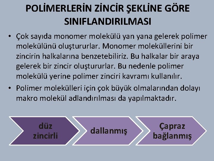 POLİMERLERİN ZİNCİR ŞEKLİNE GÖRE SINIFLANDIRILMASI • Çok sayıda monomer molekülü yana gelerek polimer molekülünü