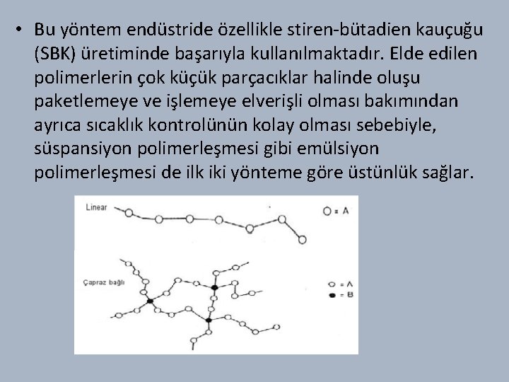  • Bu yöntem endüstride özellikle stiren-bütadien kauçuğu (SBK) üretiminde başarıyla kullanılmaktadır. Elde edilen