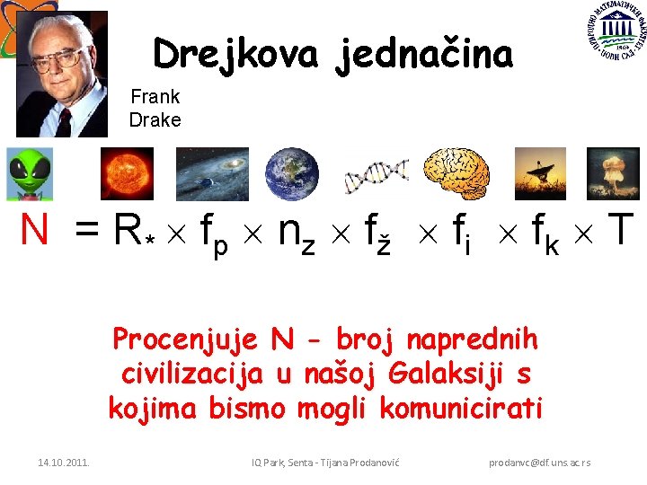 Drejkova jednačina Frank Drake N = R * f p nz f ž f