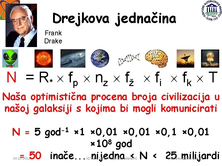 Drejkova jednačina Frank Drake N = R * f p nz f ž f