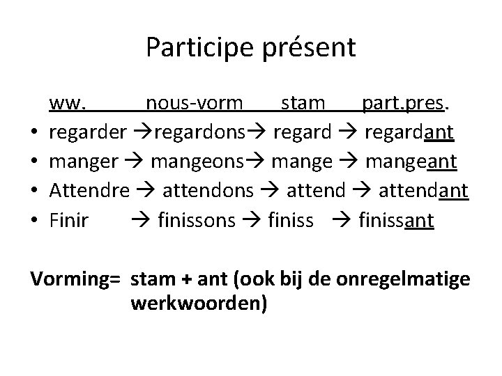 Participe présent • • ww. nous-vorm stam part. pres. regarder regardons regardant manger mangeons