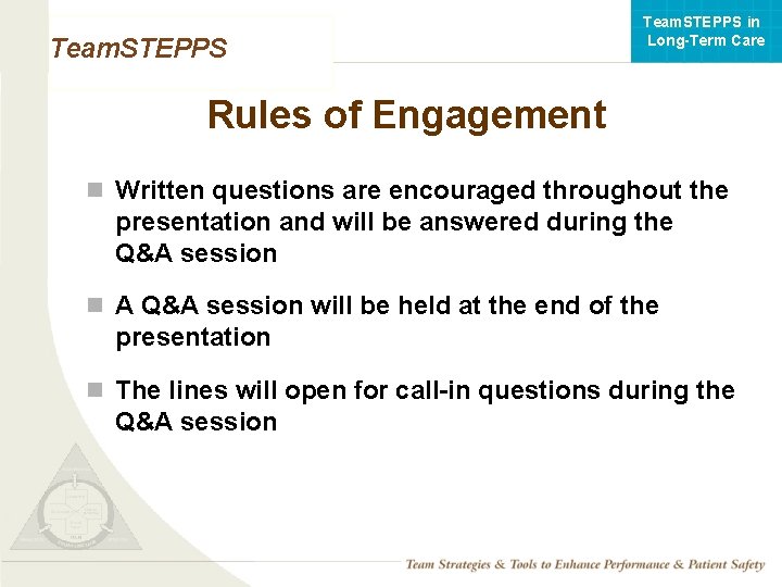 Team. STEPPS in Long-Term Care Team. STEPPS Rules of Engagement n Written questions are