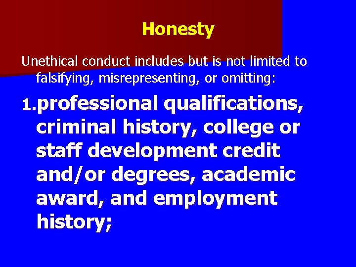 Honesty Unethical conduct includes but is not limited to falsifying, misrepresenting, or omitting: 1. Honesty Unethical conduct includes but is not limited to falsifying, misrepresenting, or omitting: 1.