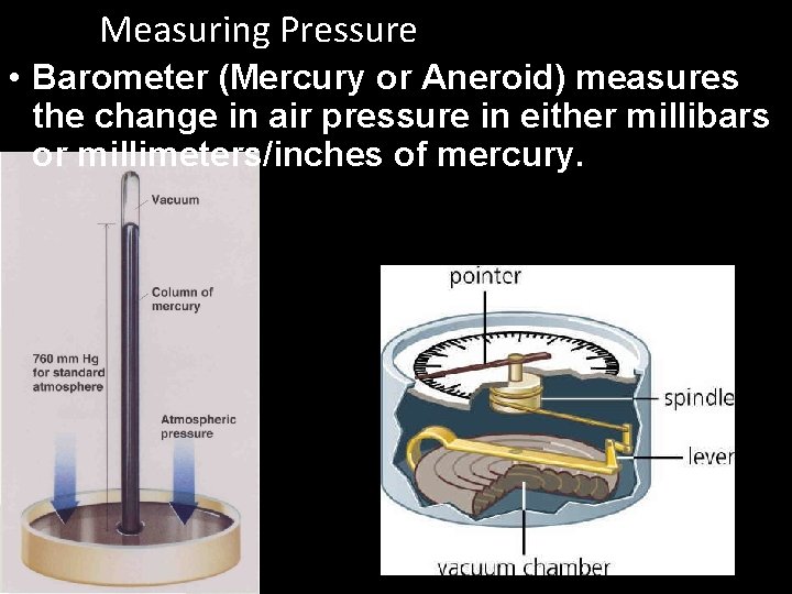 Measuring Pressure • Barometer (Mercury or Aneroid) measures the change in air pressure in