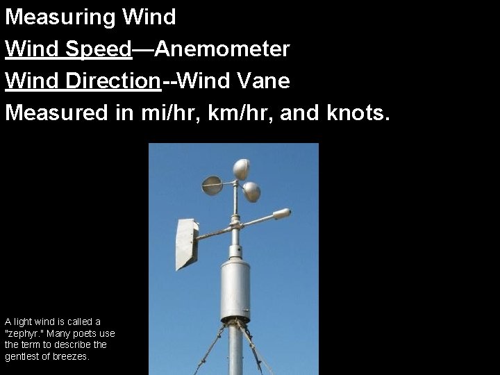 Measuring Wind Speed—Anemometer Wind Direction--Wind Vane Measured in mi/hr, km/hr, and knots. A light