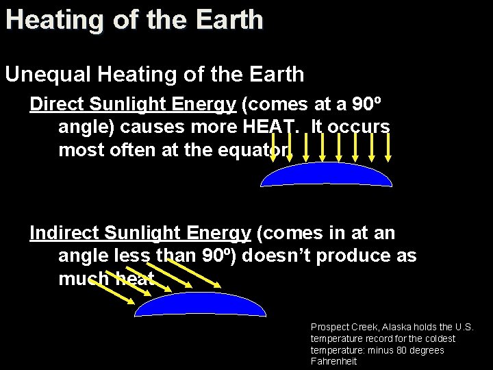 Heating of the Earth Unequal Heating of the Earth Direct Sunlight Energy (comes at