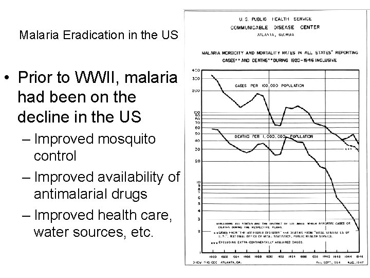 Malaria Eradication in the US • Prior to WWII, malaria had been on the Malaria Eradication in the US • Prior to WWII, malaria had been on the