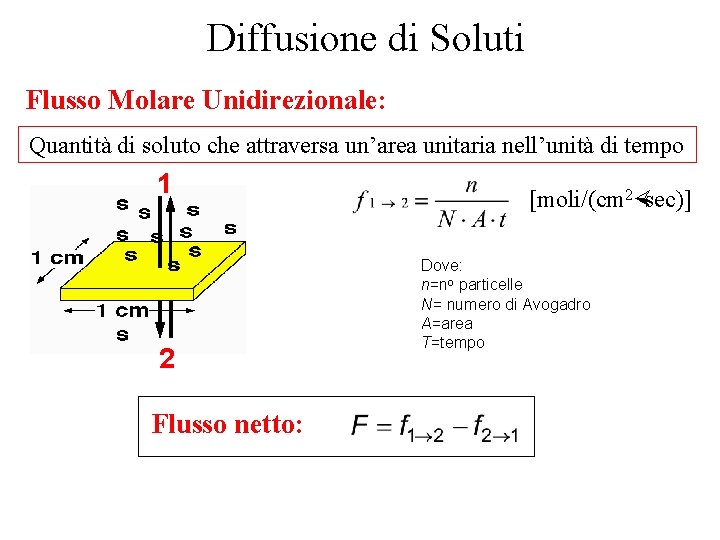 Diffusione di Soluti Flusso Molare Unidirezionale: Quantità di soluto che attraversa un’area unitaria nell’unità