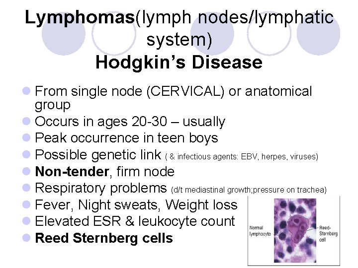 Lymphomas(lymph nodes/lymphatic system) Hodgkin’s Disease l From single node (CERVICAL) or anatomical group l