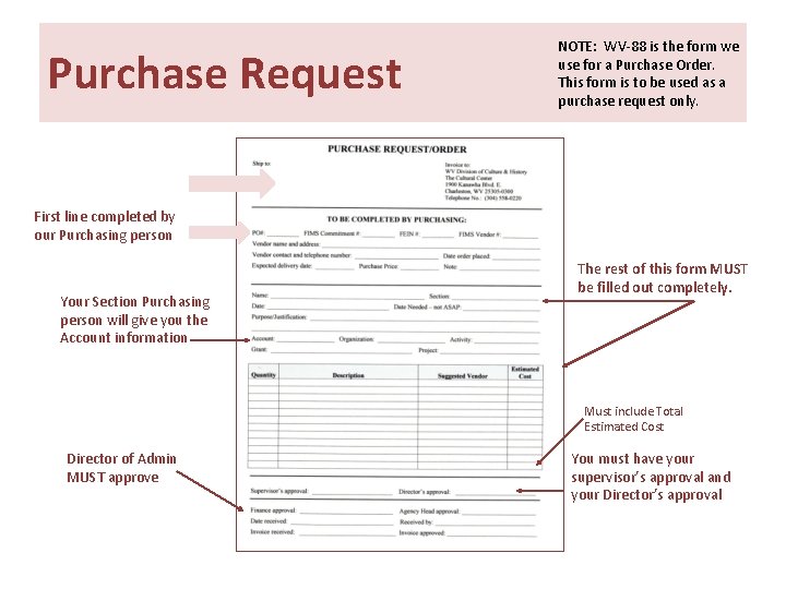 Purchase Request NOTE: WV-88 is the form we use for a Purchase Order. This Purchase Request NOTE: WV-88 is the form we use for a Purchase Order. This