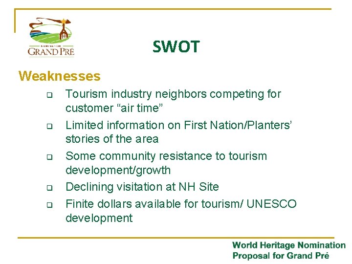 SWOT Weaknesses q q q Tourism industry neighbors competing for customer “air time” Limited