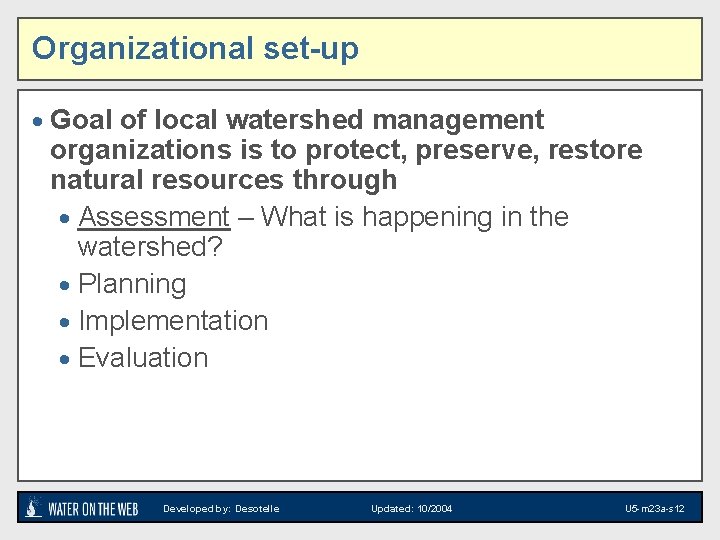 Organizational set-up · Goal of local watershed management organizations is to protect, preserve, restore