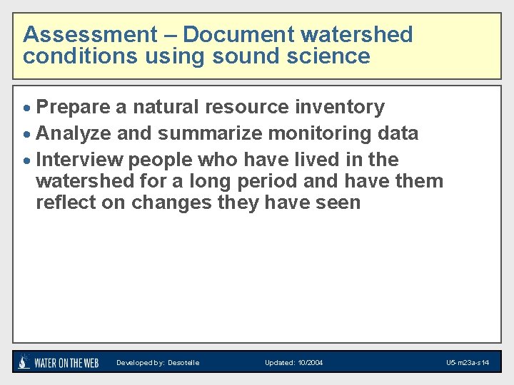 Assessment – Document watershed conditions using sound science · Prepare a natural resource inventory