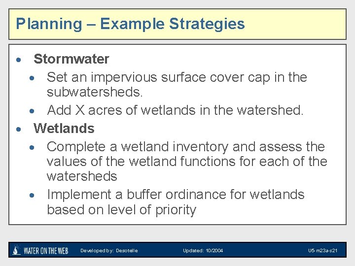 Planning – Example Strategies · Stormwater · Set an impervious surface cover cap in