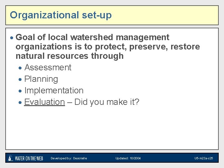 Organizational set-up · Goal of local watershed management organizations is to protect, preserve, restore