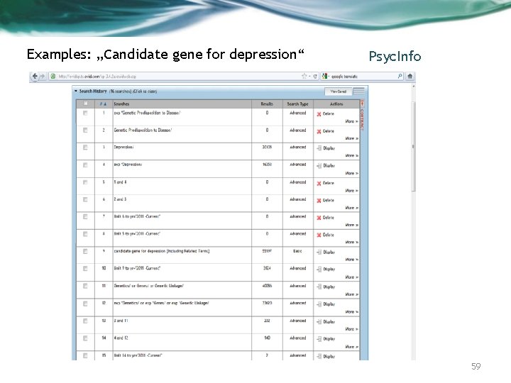 Examples: „candidate gene for depression“ Psyc. Info 59 