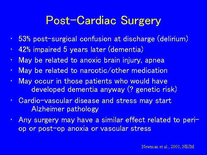 Post-Cardiac Surgery • • • 53% post-surgical confusion at discharge (delirium) 42% impaired 5