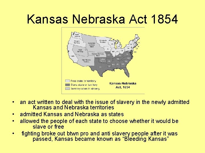 Kansas Nebraska Act 1854 • an act written to deal with the issue of