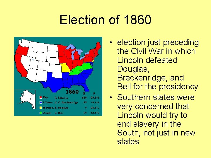 Election of 1860 • election just preceding the Civil War in which Lincoln defeated