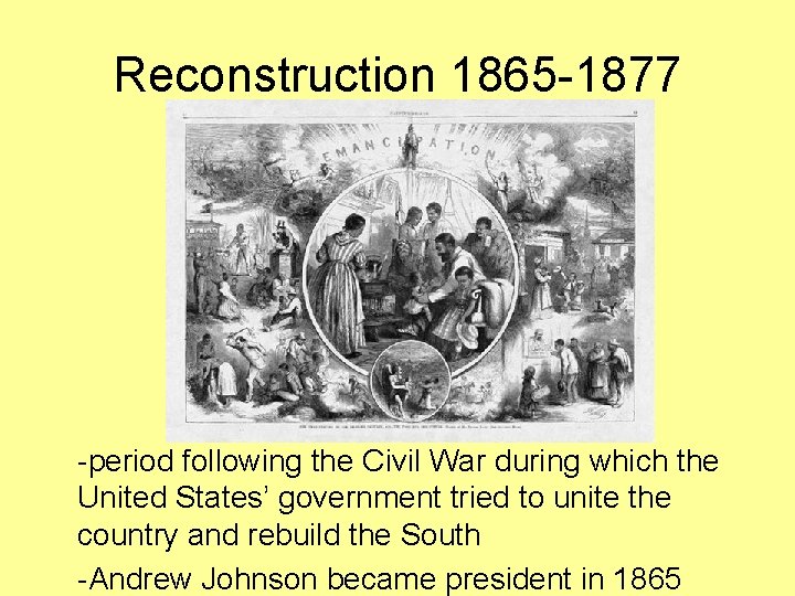 Reconstruction 1865 -1877 -period following the Civil War during which the United States’ government