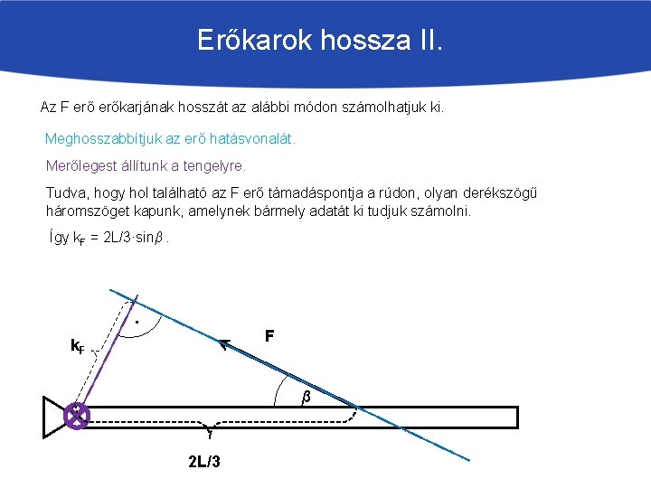 Erőkarok hossza II. Az F erőkarjának hosszát az alábbi módon számolhatjuk ki. Meghosszabbítjuk az