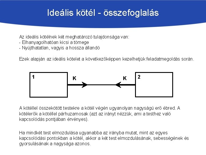 Ideális kötél - összefoglalás Az ideális kötélnek két meghatározó tulajdonsága van: - Elhanyagolhatóan kicsi