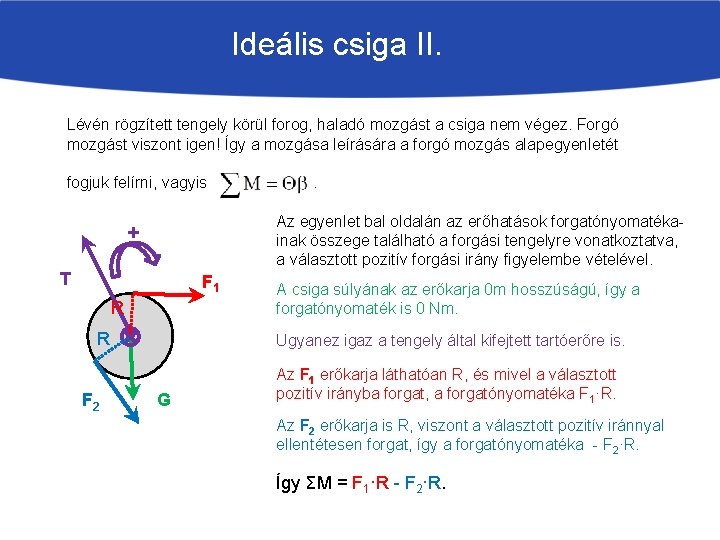 Ideális csiga II. Lévén rögzített tengely körül forog, haladó mozgást a csiga nem végez.