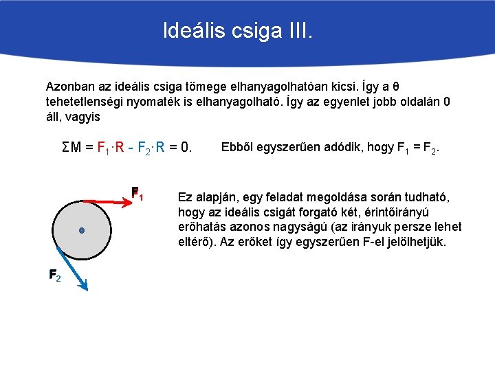 Ideális csiga III. Azonban az ideális csiga tömege elhanyagolhatóan kicsi. Így a θ tehetetlenségi