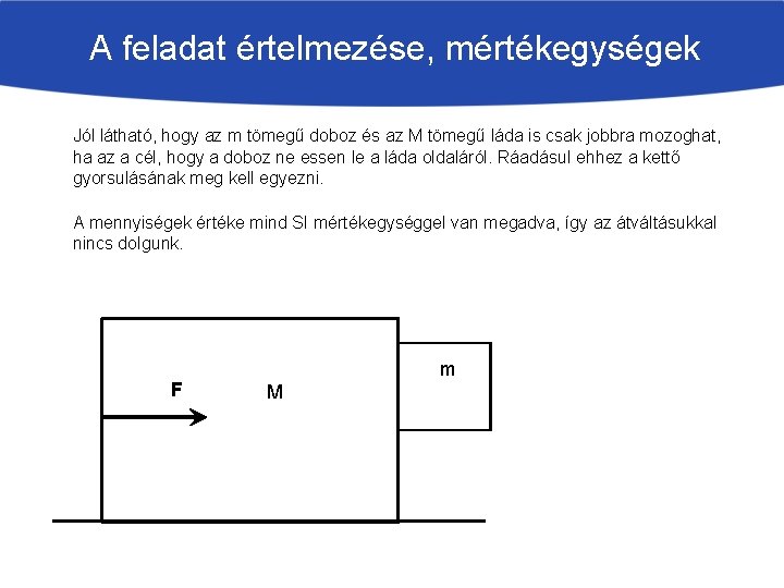 A feladat értelmezése, mértékegységek Jól látható, hogy az m tömegű doboz és az M