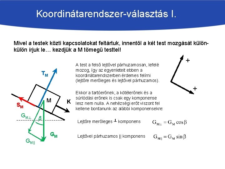 Koordinátarendszer-választás I. Mivel a testek közti kapcsolatokat feltártuk, innentől a két test mozgását külön