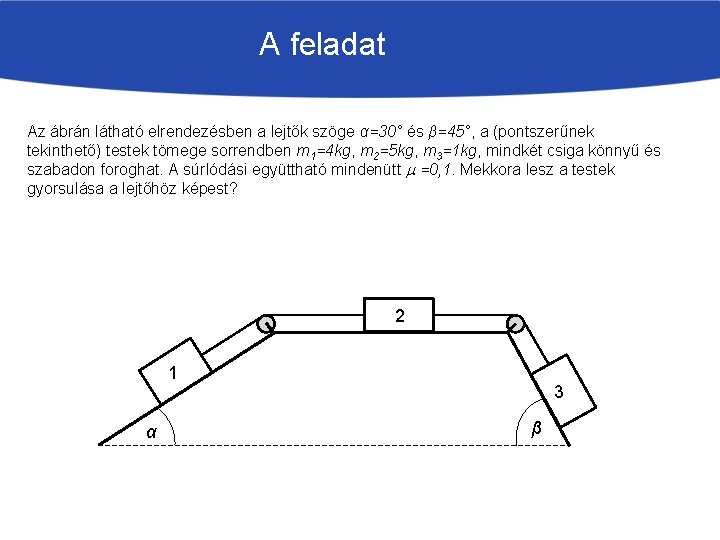 A feladat Az ábrán látható elrendezésben a lejtők szöge α=30° és β=45°, a (pontszerűnek