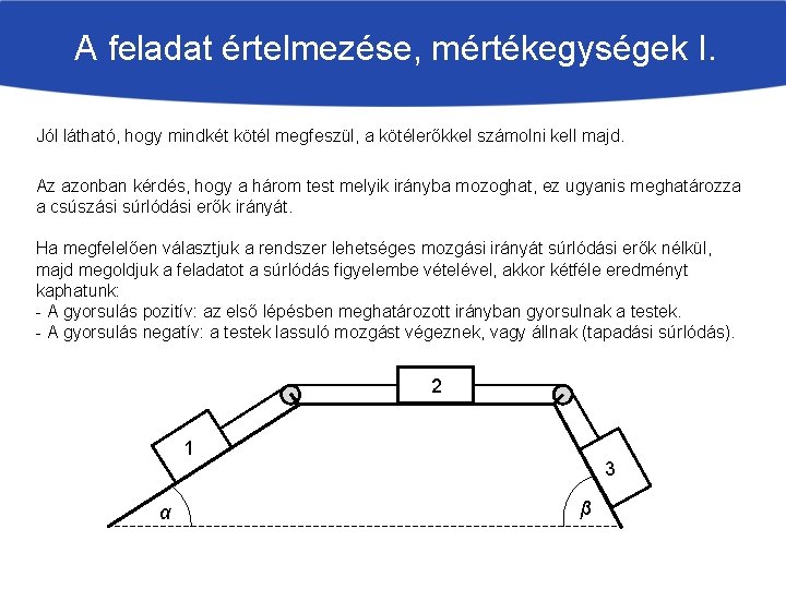 A feladat értelmezése, mértékegységek I. Jól látható, hogy mindkét kötél megfeszül, a kötélerőkkel számolni