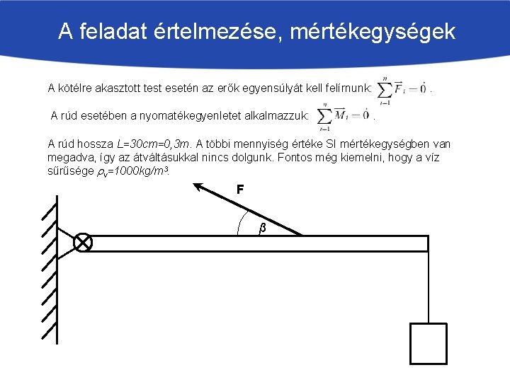 A feladat értelmezése, mértékegységek A kötélre akasztott test esetén az erők egyensúlyát kell felírnunk: